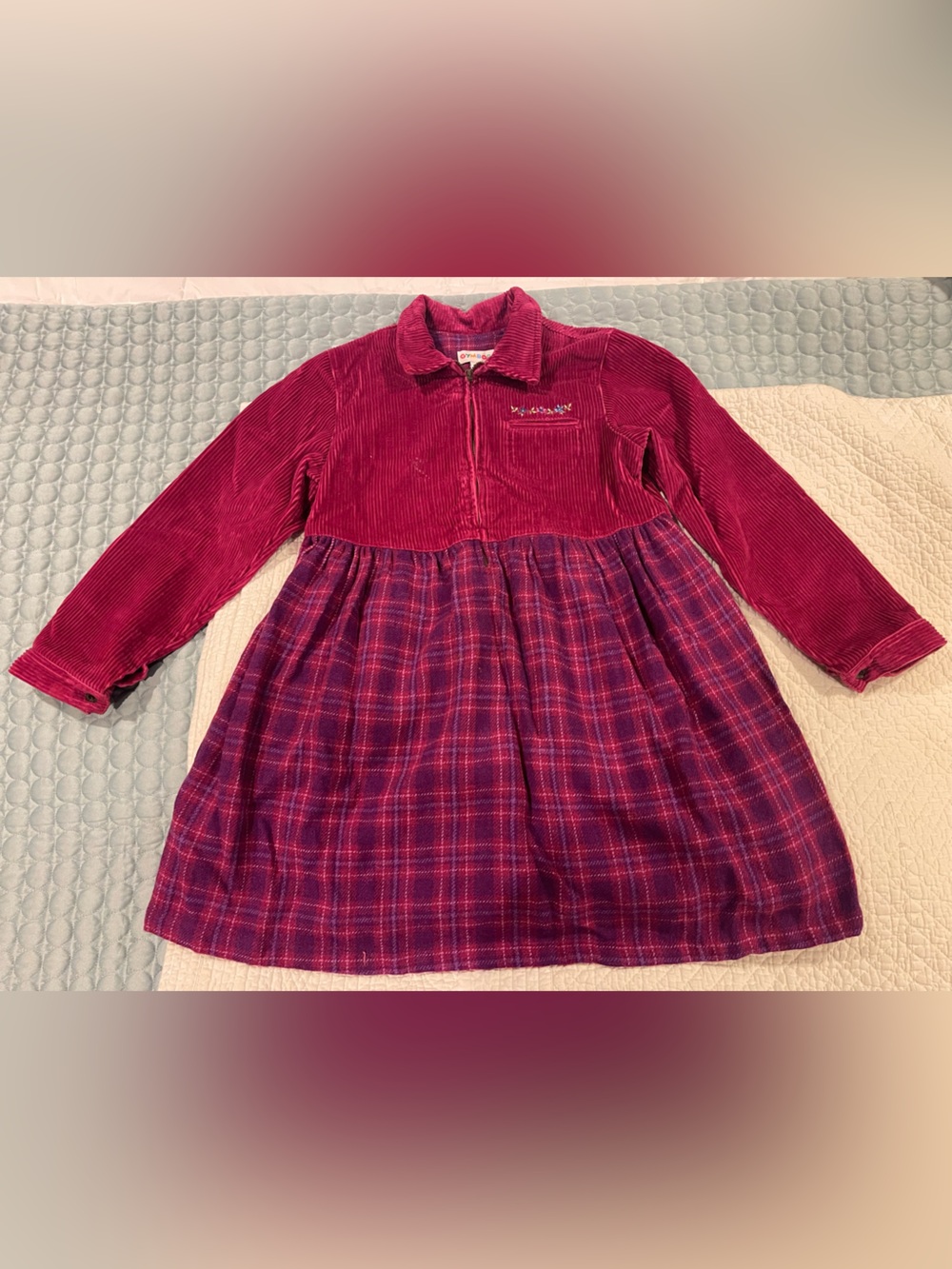 Vintage 1998 Gymboree Burgundy Corduroy Top Plaid Dress Flowers Sz XXL 6-7 Years